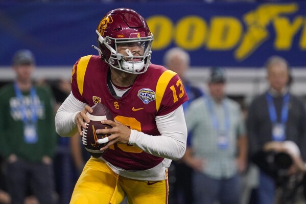 FILE - Southern California quarterback Caleb Williams (13) looks to pass during the first half of the Cotton Bowl NCAA college football game against Tulane, Monday, Jan. 2, 2023, in Arlington, Texas. USC opens their season at home against San Jose State on Aug. 26. (AP Photo/Sam Hodde, File)
