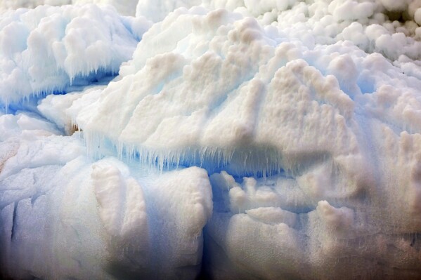 Ice melts at Bransfield Strait shore, Antarctica, Nov. 23, 2023. (AP Photo/Jorge Saenz)
