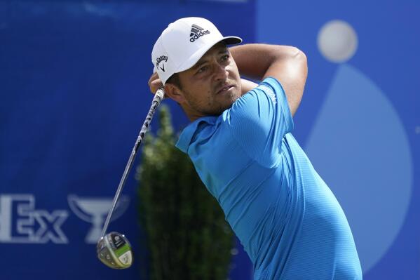 Xander Schauffele hits off the first tee during the second round of the PGA Zurich Classic golf tournament, Friday, April 22, 2022, at TPC Louisiana in Avondale, La. (AP Photo/Gerald Herbert)