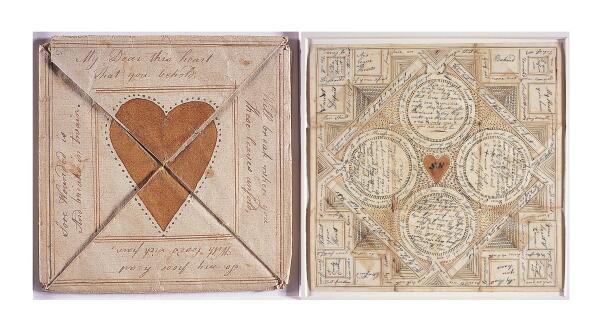 This combination of images from the American Folk Art Museum Collection shows Love Token for Sarah Newlin a Valentines Day card made of Ink and watercolor on paper and envelope from 1799 The American Museum of Folk Art in New York City has a number of lovingly crafted cards and other tokens of affection from various periods American Folk Art Museum via AP