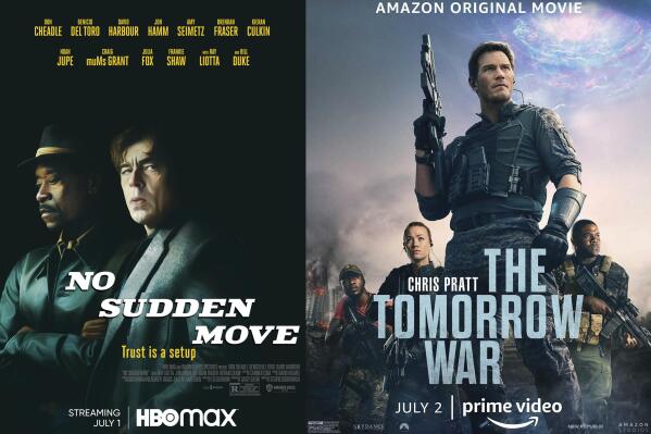 This combination of photos shows promotional art for "No Sudden Move," streaming July 1 on HBO Max, left, and "The Tomorrow War," streaming July 2 on Amazon Prime. (HBO Max via AP, left, and Amazon via AP)
