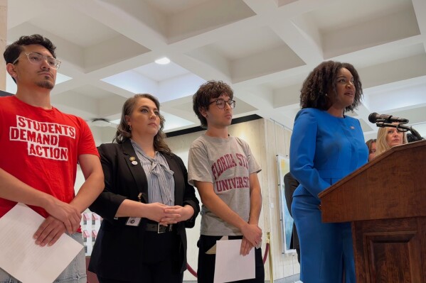 Florida House Minority Leader Fentrice Driskell speaks at a news conference in the state capitol in Tallahassee, Fla., Tuesday, April 22, 2025, alongside Democratic lawmakers and Florida State University students affected by the April 17, 2025 shooting on the school's campus. (AP Photo/Kate Payne)