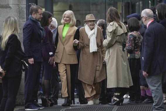 Joely Richardson, center left, and Vanessa Redgrave, center right, arrive for a memorial service to honour and celebrate the life of Dame Vivienne Westwood at Southwark Cathedral, in London, Thursday, Feb. 16, 2023. (AP Photo/Kin Cheung)