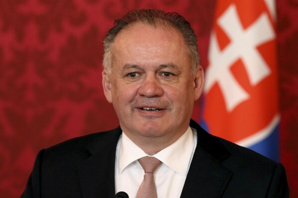 FILE - Slovak President Andrej Kiska addresses the media at the Hofburg palace in Vienna, Austria, Monday, Feb. 19, 2018. Slovakia's former president Andrej Kiska was found guilty of tax fraud on Wednesday Oct. 11, 2023, and received a suspended sentence. (AP Photo/Ronald Zak, File)