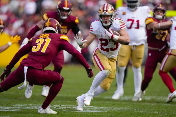 San Francisco 49ers running back Christian McCaffrey (23) runs up against Washington Commanders safety Kamren Curl (31) during the first half of an NFL football game, Sunday, Dec. 31, 2023, in Landover, Md. (AP Photo/Mark Schiefelbein)
