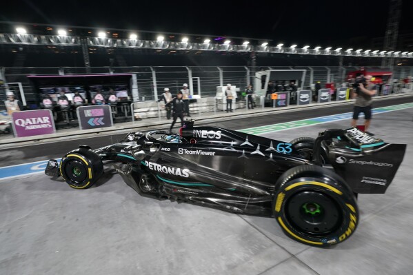 Mercedes driver George Russell, of Britain, leaves the pits during the second practice session for the Formula One Las Vegas Grand Prix auto race, Friday, Nov. 17, 2023, in Las Vegas. (AP Photo/Darron Cummings)