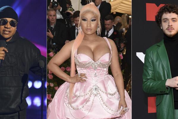 This combination of photos show LL Cool J hosting the iHeartRadio Music Awards in Los Angeles on March 22, 2022, left, Nicki Minaj at The Metropolitan Museum of Art's Costume Institute benefit gala in New York on May 6, 2019, center, and Jack Harlow at the MTV Video Music Awards in New York on Sept. 12, 2021. The rappers will host the MTV Video Music Awards on Aug. 28. (AP Photo)