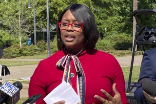 FILE - South Carolina Rep. Krystle Matthews, D-Ladson, announces she will run for U.S. Senate in 2022 against Sen. Tim Scott, R-S.C., during a news conference on April 13, 2021, in Columbia, S.C. Matthews is facing calls from within her own party to fold her campaign, following the publication of additional leaked audio in which she appears to make disparaging remarks about her constituents. (AP Photo/Jeffrey Collins, File)
