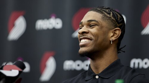 Portland Trail Blazers first round draft pick Scoot Henderson laughs during an NBA basketball news conference in Portland, Ore., Saturday, June 24, 2023. (AP Photo/Craig Mitchelldyer)