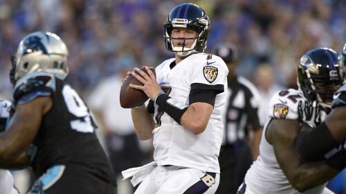 FILE - Baltimore Ravens quarterback Ryan Mallett looks to pass during the first half of an NFL preseason football game against the Carolina Panthers, Aug. 11, 2016, in Baltimore. Mallett, who played for New England, Houston and Baltimore during five seasons in the NFL, has died. He was 35. Mallett died in an apparent drowning, according to the Okaloosa County Sheriff’s Office. Mallett was a football coach at White Hall High School in his native Arkansas, and the school district also confirmed his death in a post on its website. (AP Photo/Nick Wass, File)