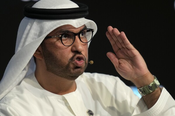 Sultan Al Jaber, COP28 President-Designate and UAE's Special Envoy for Climate Change, talks during the Climate Future Week at Museum of the Future in Dubai, United Arab Emirates, Saturday, Sept. 30, 2023. The Emirati president-designate for the upcoming United Nations COP28 climate conference offered a full-throated defense Saturday of his nation hosting the talks, dismissing those “just go on the attack without knowing anything, without knowing who we are.” (AP Photo/Kamran Jebreili)