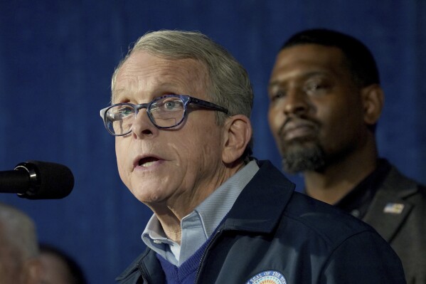 FILE - Ohio Gov. Mike DeWine speaks during a news conference in East Palestine, Ohio, Tuesday, Feb. 21, 2023. A Republican-backed overhaul of how Ohio oversees k-12 education, including decisions on academic standards and school curriculum is unconstitutional, according to a new lawsuit filed Tuesday, Sept. 19, 2023. (AP Photo/Matt Freed, File)