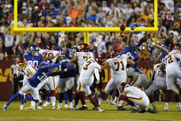 Hopkins converts 2nd chance, Washington beats Giants 30-29