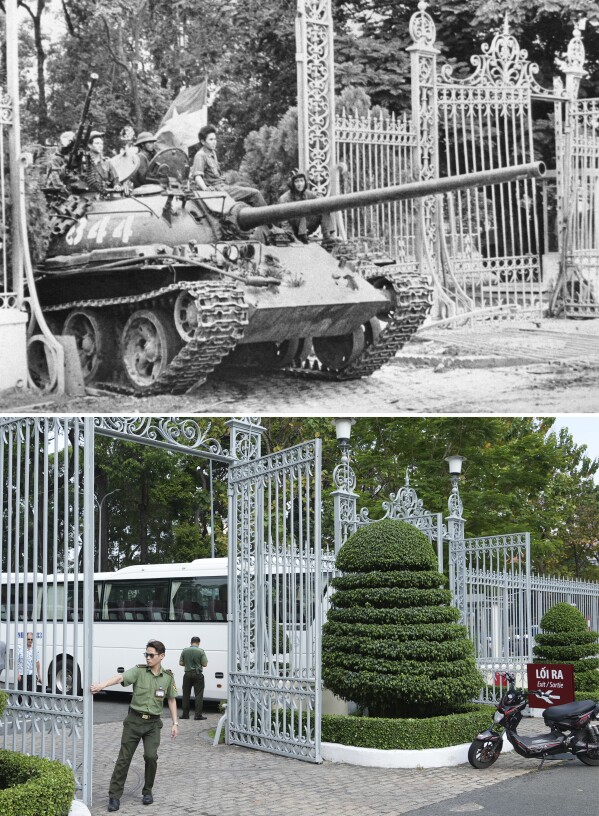 This combination of photos shows a Provisional Revolutionary Government (PRG) tank entering the gates of the Presidential Palace in Saigon, May 1, 1975, top, and the same location in Ho Chi Minh city, Vietnam, Feb. 20, 2025. (AP Photo/Frances Starner, Hau Dinh)