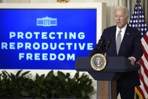FILE - President Joe Biden speaks during a meeting in the White House, Jan. 22, 2024, in Washington. Biden is traveling to Tampa, Fla., on Tuesday, April 23, just days before the state's six-week abortion ban goes into effect, to make his case against abortion restrictions nationwide. (AP Photo/Evan Vucci, File)