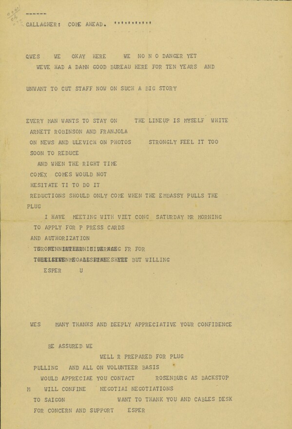 Message from AP's Saigon bureau chief George Esper to General Manager Wes Gallagher concerning AP staff covering the fall of Saigon in April, 1975. (AP Photo/Corporate Archives)
