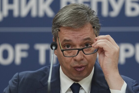 Serbian President Aleksandar Vucic speaks during a public address in Belgrade, Serbia, Wednesday, April 16, 2025. (AP Photo/Darko Vojinovic)