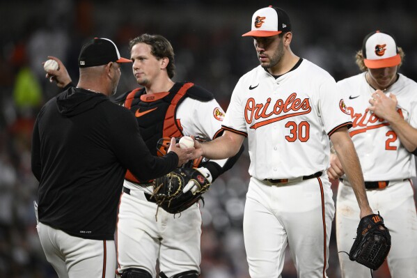 Baltimore Orioles starting pitcher Grayson Rodriguez (30) is pulled by manager Brandon Hyde, left, during the sixth inning of a baseball game against the New York Yankees, Monday, April 29, 2024, in Baltimore. (AP Photo/Nick Wass)