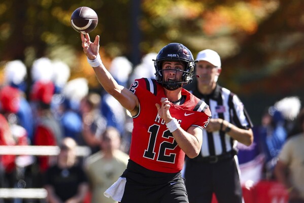 UCM Mules quarterback Zach Zebrowski throws during an MIAA college football game in Warrensburg, Mo., on Oct. 21, 2023. Central Missouri quarterback Zebrowski, who passed for 5,157 yards, and five players from the Colorado School of Mines were selected to The Associated Press Division II All-America team announced Wednesday, Dec. 13, 2023. (Andrew Mather Photography via AP)