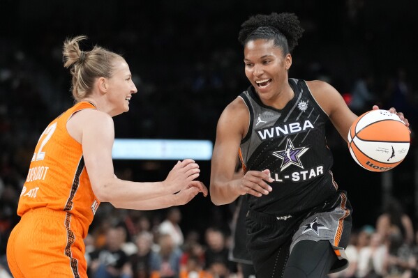 Connecticut Sun's Alyssa Thomas, of Team Wilson, right, drives against New York Liberty's Courtney Vandersloot, of Team Stewart, during the first half of a WNBA All-Star basketball game Saturday, July 15, 2023, in Las Vegas. (AP Photo/John Locher)