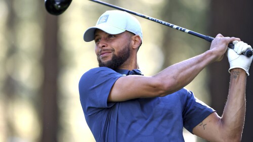 Stephen Curry watches a tee shot on the 16th hole during a practice round at American Century Championship golf tournament Wednesday, July 12, 2023, in Stateline, Nev. (Scott Strazzante/San Francisco Chronicle via AP)