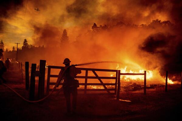 FILE - A firefighter extinguishes flames as the Oak Fire crosses Darrah Rd. in Mariposa County, Calif., on July 22, 2022. Crews were able to to stop it from reaching an adjacent home. (AP Photo/Noah Berger, File)