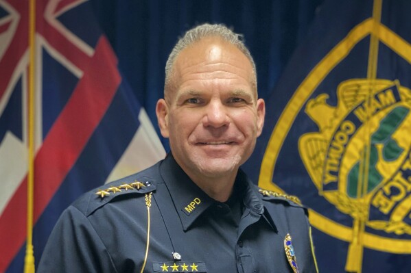 FILE - This undated photo released by the County of Maui shows Maui Police Chief John Pelletier. Pelletier has been pleading for patience while bodies of victims of Hawaii’s deadly wildfires are found and identified. He has also recalled the excruciating experience of notifying relatives after another sudden and massive tragedy nearly six years ago, in Las Vegas.(Shane Tegarden/County of Maui via AP, File)