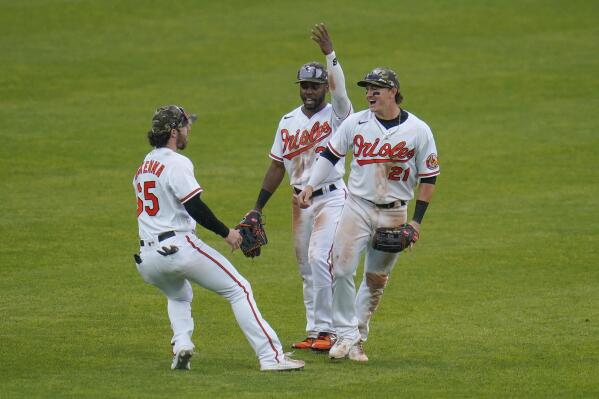 Ryan McKenna of the Baltimore Orioles and Austin Hays celebrate a