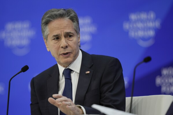 U.S. Secretary of State Antony Blinken gestures during his speech at the Annual Meeting of World Economic Forum in Davos, Switzerland, Wednesday, Jan. 17, 2024. The annual meeting of the World Economic Forum is taking place in Davos from Jan. 15 until Jan. 19, 2024.(AP Photo/Markus Schreiber)