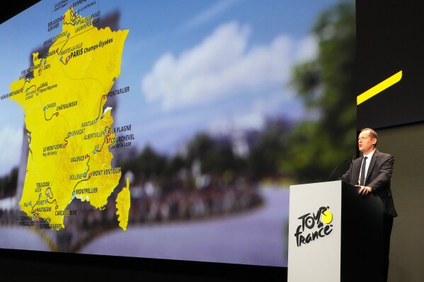 Tour de France director Christian Prudhomme unveils the 2025 Tour de France cycling race roadmap, Tuesday, Oct. 29, 2024 in Paris. (AP Photo/Michel Euler)