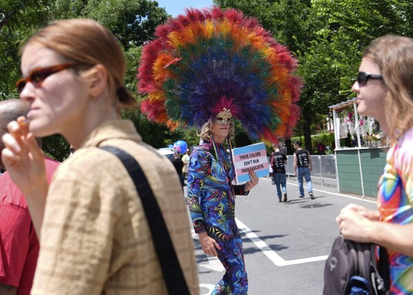 A person carrying a sign that states "these colors don't run from fascists" walks before the World Pride parade, Saturday, June 7, 2025, in Washington. (AP Photo/Julia Demaree Nikhinson)