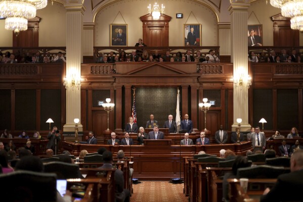 Illinois Gov. JB Pritzker delivers his State of the State and budget address before the General Assembly at the Illinois State Capitol, Feb. 19, 2025. (Brian Cassella/Chicago Tribune via AP, Pool, File)