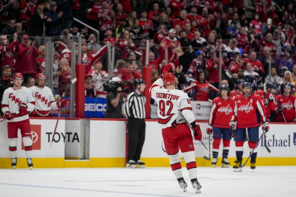 Carolina Hurricanes center Evgeny Kuznetsov (92) is honored with a video tribute by his former team, the Washington Capitals, during a break in the first period of an NHL hockey game, Friday, March 22, 2024, in Washington. (AP Photo/Alex Brandon)