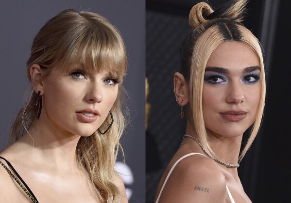 This Nov. 24, 2019 file photo shows Taylor Swift at the American Music Awards in Los Angeles, left, and Dua Lipa at the 62nd annual Grammy Awards in Los Angeles on Jan. 26, 2020. Swift, Dua Lipa and Roddy Ricch each earned six Grammy nominations on Tuesday, Nov. 24, 2020. (AP Photo)