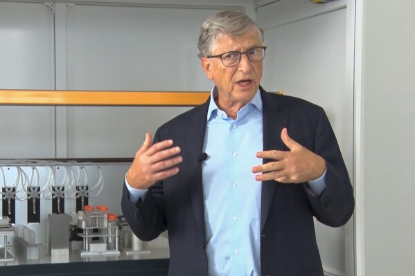 Bill Gates speaks to The Associated Press during a visit of the Institut Pasteur in dakar, Senegal, Sunday, Oct. 8, 2023.A $40 million investment will help several African manufacturers produce new messenger RNA vaccines on the continent where people were last in line to receive jabs during the COVID-19 pandemic, the Bill & Melinda Gates Foundation announced Monday, Oct. 9, 2023. (AP Photo)
