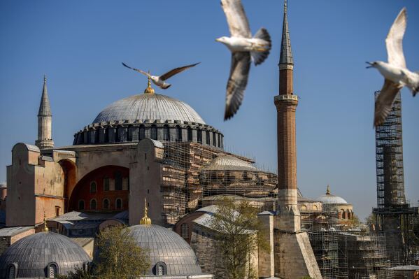 Scaffolds are installed in Byzantine-era Hagia Sophia mosque for restoration work, in Istanbul, Turkey, Sunday, April 13, 2025. (AP Photo/Emrah Gurel)