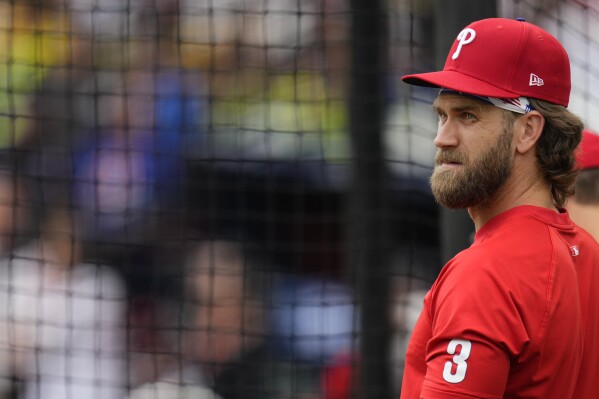 Philadelphia Phillies Bryce Harper during a workout day at the London Stadium in London, Friday, June 7, 2024. New York Mets will play games against Philadelphia Phillies at the stadium on June 8 and June 9. (AP Photo/Kirsty Wigglesworth)