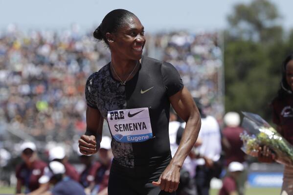 FILE - South Africa's Caster Semenya smiles after winning the women's 800-meter race during the Prefontaine Classic, an IAAF Diamond League athletics meeting, in Stanford, Calif. USA, Sunday, June 30, 2019. Semenya was listed on Friday, July 8, 2022 to compete at next week's world championships in Oregon, potentially setting up a surprise return to the big stage for the two-time Olympic champion and one of the most contentious athletes. (AP Photo/Jeff Chiu, File)