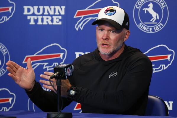 FILE - Buffalo Bills head coach Sean McDermott addresses the media prior to NFL football practice in Orchard Park, N.Y., Tuesday June 13, 2023. The Buffalo Bills locked up their braintrust tandem of general manager Brandon Beane and coach Sean McDermott through the 2027 season after signing the duo to two-year contract extensions on Friday, June 23. (AP Photo/Jeffrey T. Barnes, File)