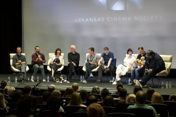 
              In this Aug. 23, 2018, photo, participants of a comedy panel laugh as comedian Will Forte, second from left, tells a story about his now canceled Fox comedy, "The Last Man on Earth" at a film festival in downtown Little Rock, Ark. The festival, Filmland, was hosted by the Arkansas Cinema Society which was founded by Arkansas natives Jeff Nichols and filmmaker Kathryn Tucker. (AP Photo/Hannah Grabenstein)
            