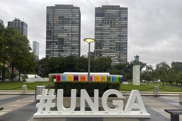 The hashtag “#UNGA” sign is shown outside the U.N. General Assembly Hall at the United Nations, Saturday, Sept. 23, 2023. A fabricated video circulating on social media during the week of UNGA made false claims about a member of the Ukrainian delegation. (AP Photo/Ted Anthony)