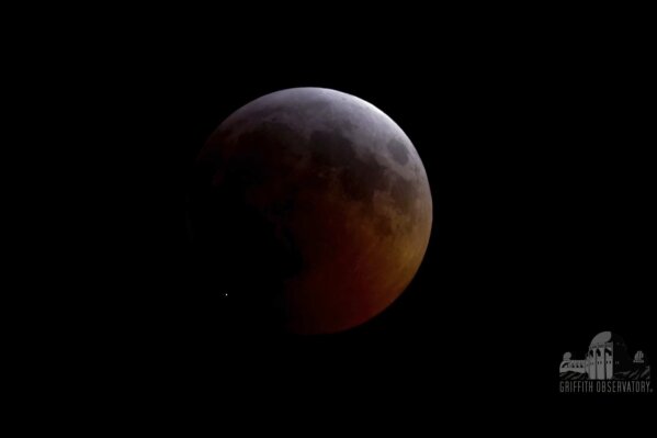 
              FILE - This image from video provided by Griffith Observatory in Los Angeles shows an impact flash on the moon, bottom left, during the lunar eclipse which started on Sunday evening, Jan. 20, 2019. On Tuesday, April 30, 2019, scientists reported the meteoroid hit the moon at 38,000 mph (61,000 kph), carving out a crater nearly 50 miles (15 meters) across. It was the first impact flash ever observed during a lunar eclipse. (Griffith Observatory via AP)
            