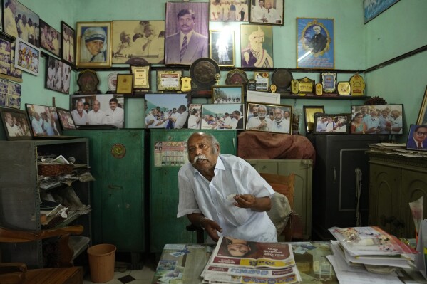 Rao Chinnarao, shrimp farmer and political leader, talks about the area's shrimp business during an interview in Kothapally, Kakinada district, Andhra Pradesh, India, Saturday, Feb. 10, 2024. (AP Photo/Mahesh Kumar A.)