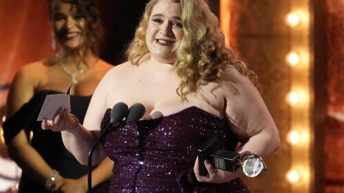 Bonnie Milligan accepts the award for best performance by an actress in a featured role in a musical for "Kimberly Akimbo" at the 76th annual Tony Awards on Sunday, June 11, 2023, at the United Palace theater in New York. (Photo by Charles Sykes/Invision/AP)