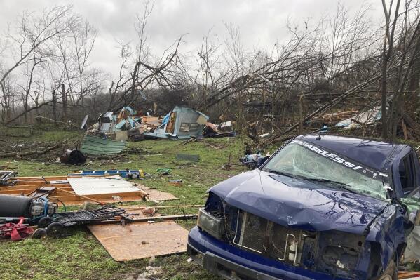 Devastation from a tornado that hit Glen Allen, Mo., in southeastern Missouri, killing several people and causing an unknown number of injuries, is pictured on Wednesday, April 5, 2023. (AP Photo/Jim Salter)