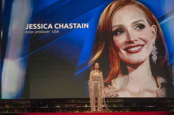 U.S. actress Jessica Chastain, chair of jury for Marrakech International Film Festival, attends the opening ceremony, in Marrakech, Morocco, Friday, Nov. 24, 2023. (AP Photo/Mosa'ab Elshamy)