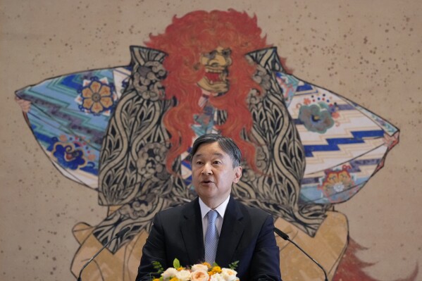 Japan's Emperor Naruhito speaks during a press conference at the Imperial Palace in advance of his visit to Britain, Wednesday, June 19, 2024, in Tokyo. (AP Photo/Eugene Hoshiko, Pool)