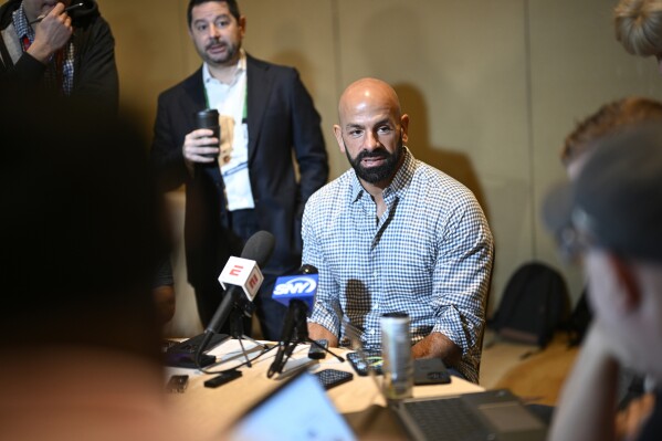 New York Jets head coach Robert Saleh talks with reporters during an AFC coaches availability at the NFL owners meetings, Monday, March 25, 2024, in Orlando, Fla. (AP Photo/Phelan M. Ebenhack)
