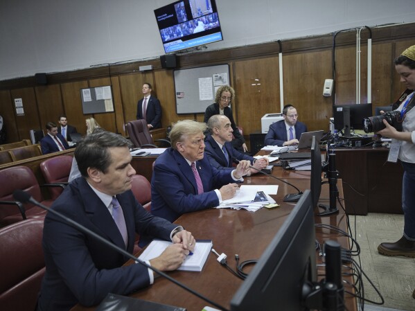 Former President Donald Trump appears at Manhattan criminal court in New York, Friday, April 19, 2024. (Curtis Means/DailyMail.com via AP, Pool)