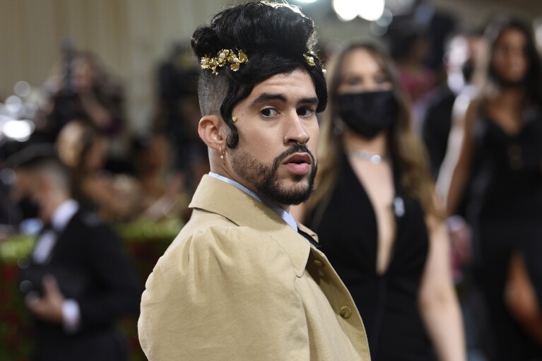 FILE - Bad Bunny attends The Metropolitan Museum of Art's Costume Institute benefit gala celebrating the opening of the "In America: An Anthology of Fashion" exhibition on May 2, 2022, in New York. (Photo by Evan Agostini/Invision/AP, File)